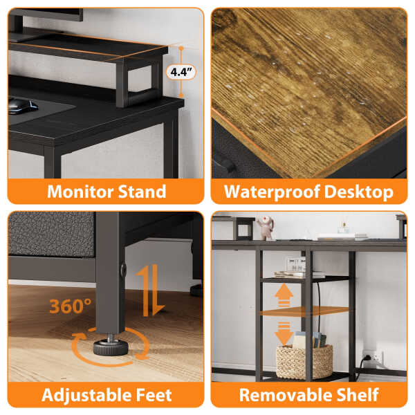 GIKPAL L Shaped Computer Desk, Reversible Gaming Desk with Drawers, Corner Desk with Storage Shelves & Monitor Stand, Home