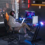 HLDIRECT 55 inch Gaming Desk with LED, Ergonomic PC Table with Cup Holder&Headphone Hook for Adults, Black