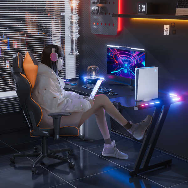 HLDIRECT 55 inch Gaming Desk with LED, Ergonomic PC Table with Cup Holder&Headphone Hook for Adults, Black