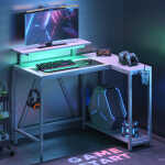 Pinmoco 42" Reversible L-Shaped Gaming Desk with Monitor Stand, LED Lights& Headset Hooks, Home Office, Carbon Fiber Black