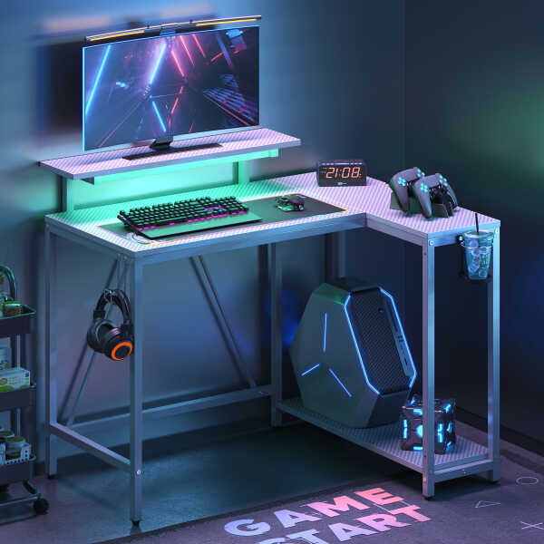 Pinmoco 42" Reversible L-Shaped Gaming Desk with Monitor Stand, LED Lights& Headset Hooks, Home Office, Carbon Fiber Black