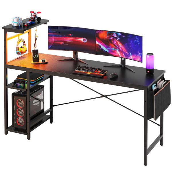 Bestier 61" Reversible Gaming Desk with PC Shelf Computer Desk with LED Light Carbon Fiber