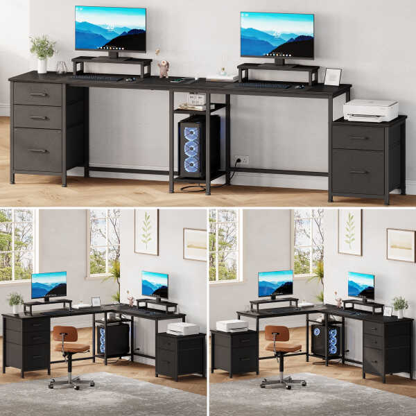 GIKPAL L Shaped Computer Desk, Reversible Gaming Desk with Drawers, Corner Desk with Storage Shelves & Monitor Stand, Home