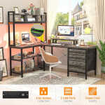iSunirm L Shaped Gaming Desk with Storage, Computer Gaming Desk with LED Lights & Hutch, Reversible Computer Desk with Power