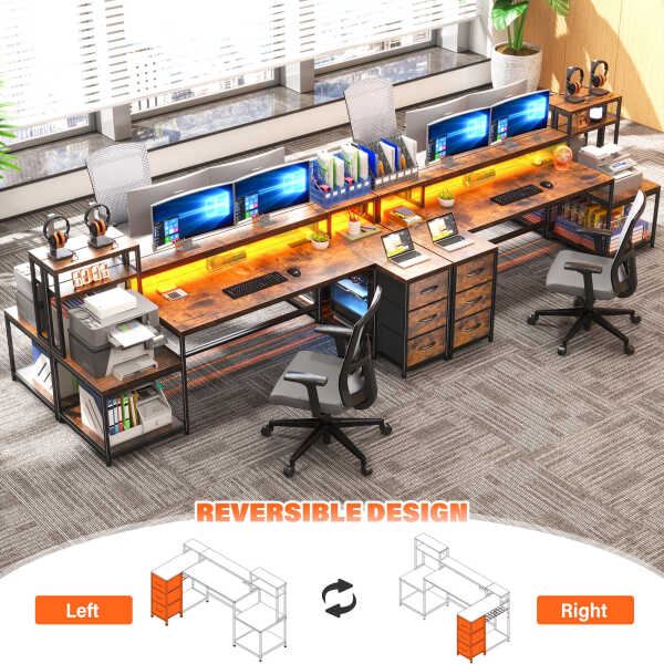 Enhomee 70.9" L Shaped Gaming Desk, Computer Desk with Power Outlet & LED Light, Home Office Desks with Drawers, Black