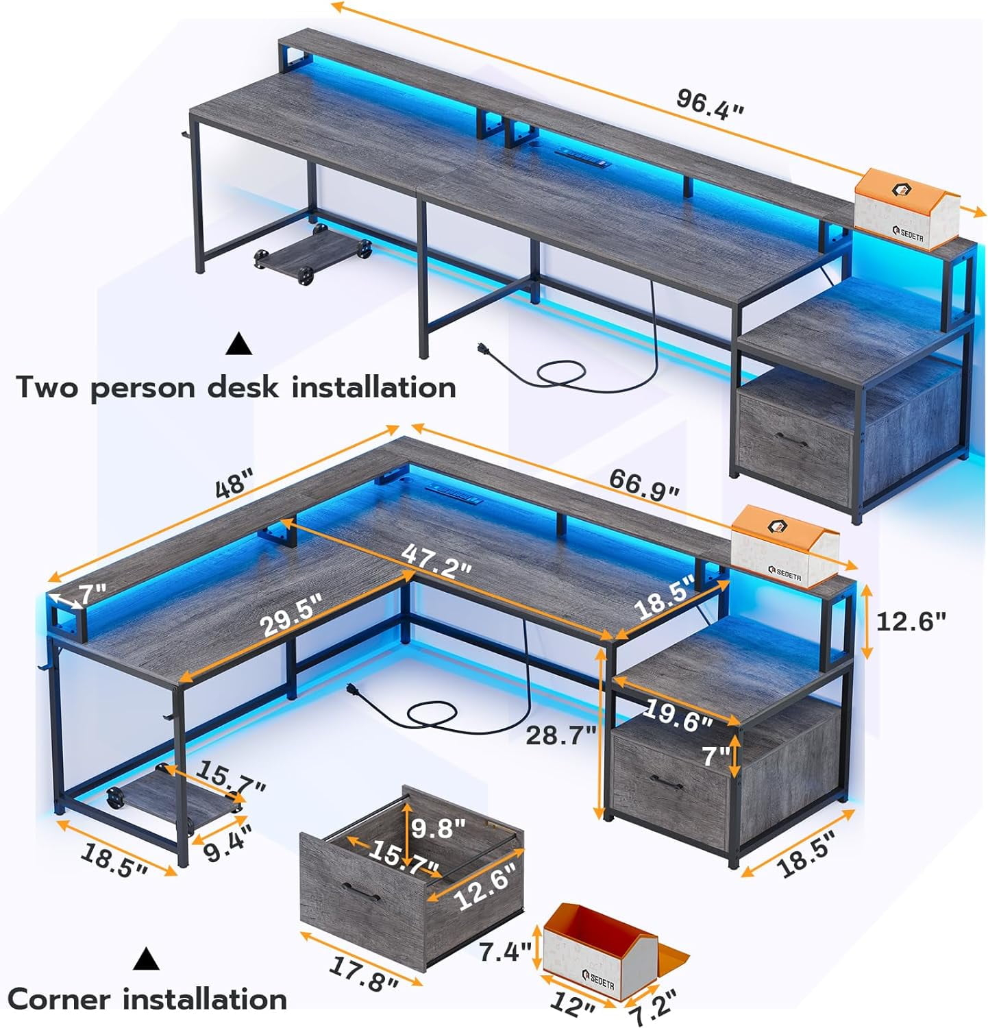 L Shaped Desk with Power Outlet and LED Lights, Corner Computer Desk with File Drawer for Home Office, Gaming Desk, Rustic Brown