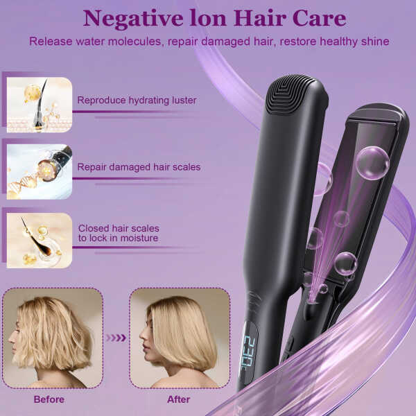 FETERVIC 1.57 Inch Ceramic Hair Straightener, Dual Voltage Flat Iron with 3D Floating Titanium Plates, LCD Display, 60-Min Auto