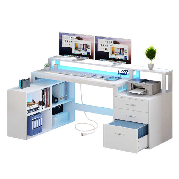 Dextrus 65" L Shaped Desk with Power Outlets and Monitor Stand , Computer Desk with LED Light &File Cabinet, Corner Desk with 3