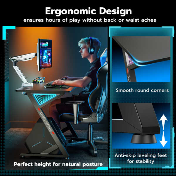 ARES WING 47" Gaming Table with LED Light, Computer Desk for Adult, PC Ergonomic Table White