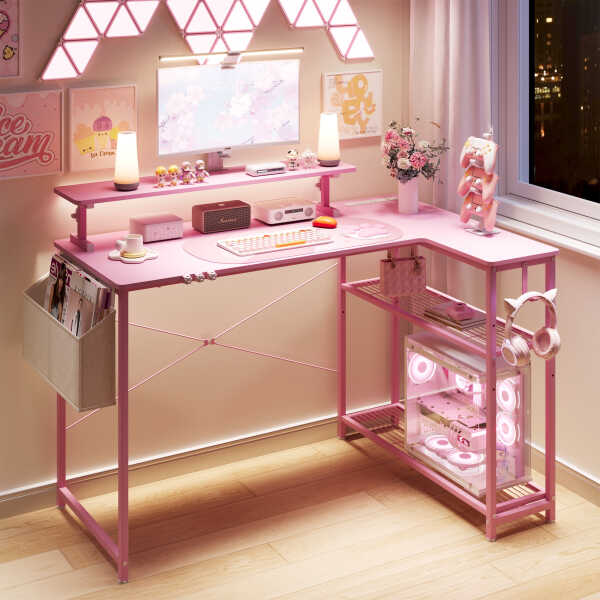 Dowinx 43" L-Shaped Gaming Desk Cute with Cat Accessories, Corner Desk with Power Outlet & Monitor Shelf for Adult and Girl,