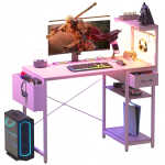 Eunon 44 inch Gaming Computer Desk with LED Lights, Reversible 4 Tier Storage Shelves & Drawer,Pink