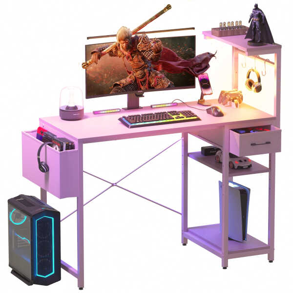 Eunon 44 inch Gaming Computer Desk with LED Lights, Reversible 4 Tier Storage Shelves & Drawer,Pink
