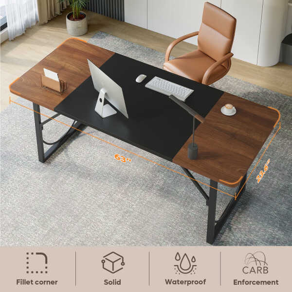 Pinmoco 63" Executive Desk, Lager Writing Desk with Metal Frame, Home and Office, Black with Walnut