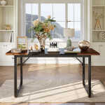 Pinmoco 63" Executive Desk, Lager Writing Desk with Metal Frame, Home and Office, Black with Walnut