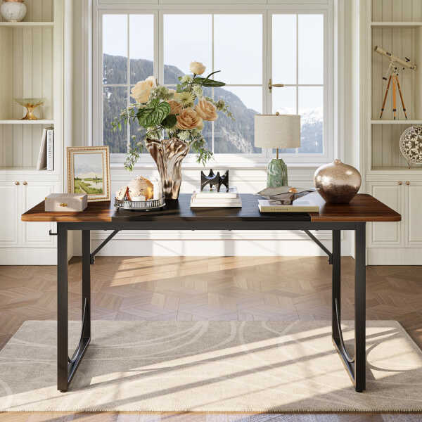 Pinmoco 63" Executive Desk, Lager Writing Desk with Metal Frame, Home and Office, Black with Walnut