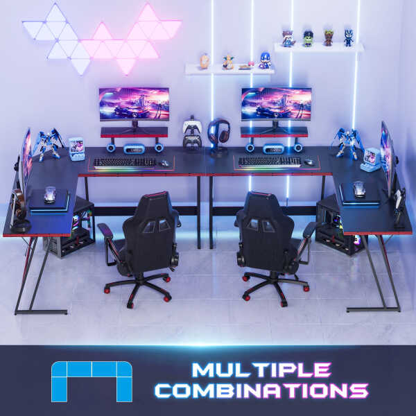 Vineego 51-inch L-Shaped Gaming Desk with Carbon Fiber Corner Computer Desk with Monitor Stand,Black