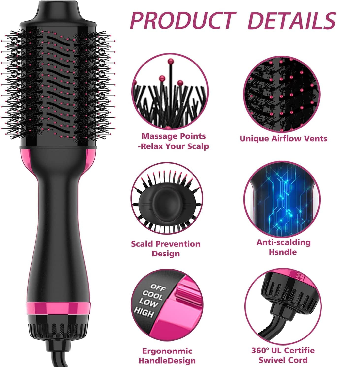 HQinX Hair Dryer Brush,Hot Air Brush,4 in 1 One Step Hair Dryer and Styler Volumizer with Negative Ion for Drying, 3 Heating