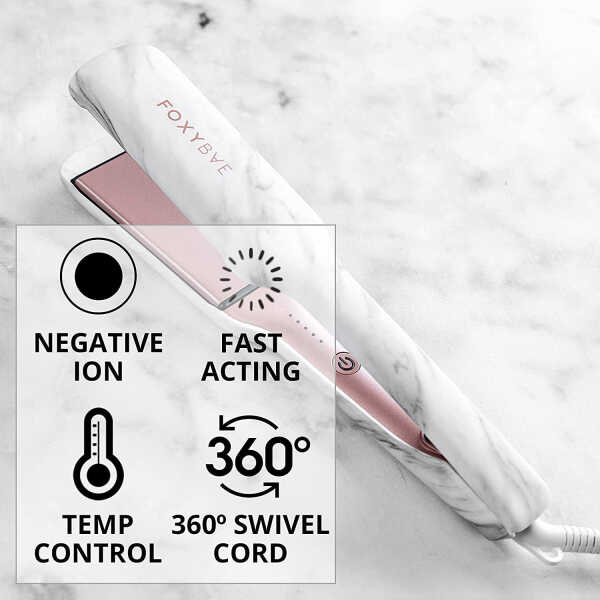 FoxyBae White Marble Rose Gold Flat Iron - Ceramic Tourmaline Technology - Hair Straightener with Negative Ions - Straightens &