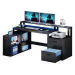Dextrus 65" L Shaped Desk with Power Outlets and Monitor Stand , Computer Desk with LED Light &File Cabinet, Corner Desk with 3