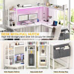Homieasy L Shaped Desk with Power Outlet and LED lights, Reversible Corner Computer Desk with Hutch and Storage Shelf, Ergonomic