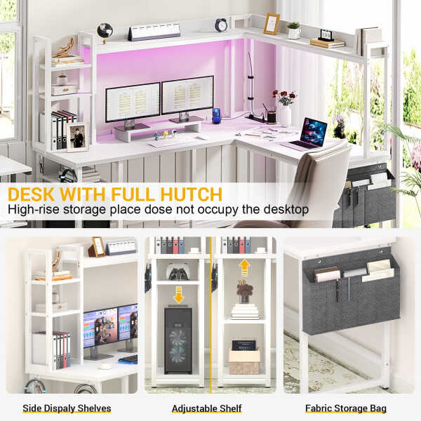 Homieasy L Shaped Desk with Power Outlet and LED lights, Reversible Corner Computer Desk with Hutch and Storage Shelf, Ergonomic