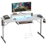 Bestier 63" Gaming Desk with LED Lights & Power Outlets, Computer Desk with Monitor Stand & Keyboard Tray for Home Office,