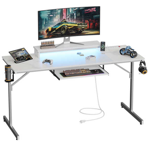 Bestier 63" Gaming Desk with LED Lights & Power Outlets, Computer Desk with Monitor Stand & Keyboard Tray for Home Office,