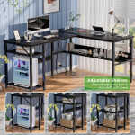 Homieasy Reversible L Shaped Desk with Magic Power Outlets and USB Charging Ports, Sturdy Corner Computer Desk with Storage