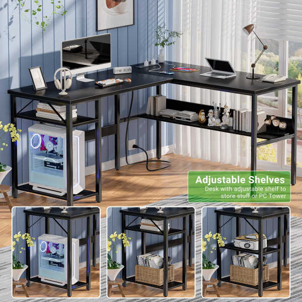 Homieasy Reversible L Shaped Desk with Magic Power Outlets and USB Charging Ports, Sturdy Corner Computer Desk with Storage