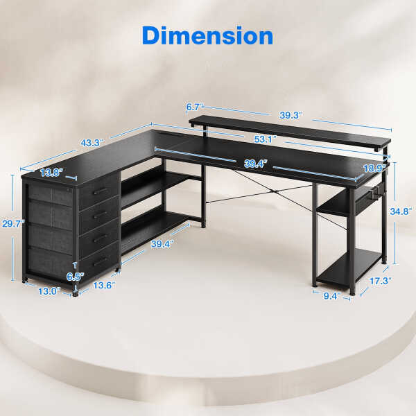 KKL 61 inch L Shaped Gaming Desk with 4 Drawers & Power Outlets, Home Office Desk with Adjustable Heights Monitor Stand &