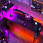 Bestier 61" Reversible Gaming Desk with PC Shelf Computer Desk with LED Light Carbon Fiber