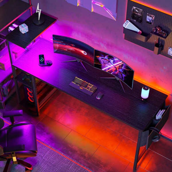 Bestier 61" Reversible Gaming Desk with PC Shelf Computer Desk with LED Light Carbon Fiber
