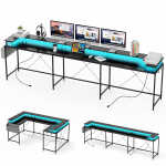 Towallmark Reversible 79" U Shaped Gaming Desk Office Corner Computer PC Home Desk With LED Light Strip Power Outlet Monitor