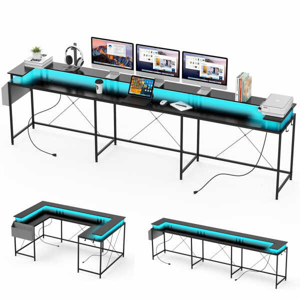 Towallmark Reversible 79" U Shaped Gaming Desk Office Corner Computer PC Home Desk With LED Light Strip Power Outlet Monitor
