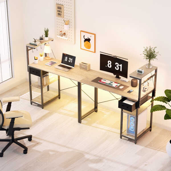 Eunon 44 inch Gaming Computer Desk with LED Lights, Reversible 4 Tier Storage Shelves & Drawer,Pink