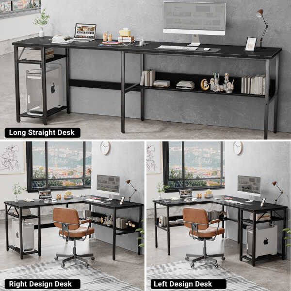 Homieasy Reversible L Shaped Desk with Magic Power Outlets and USB Charging Ports, Sturdy Corner Computer Desk with Storage