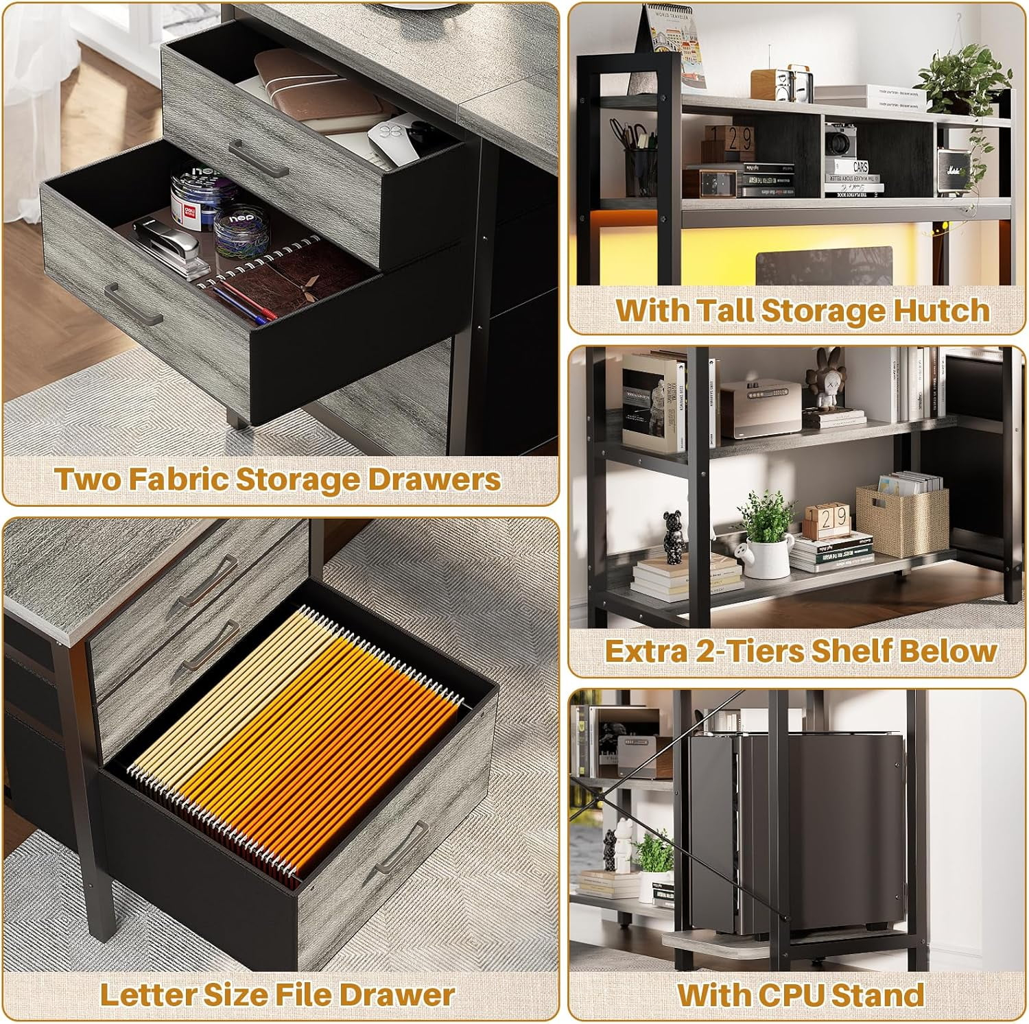 iSunirm L Shaped Gaming Desk with Storage, Computer Gaming Desk with LED Lights & Hutch, Reversible Computer Desk with Power