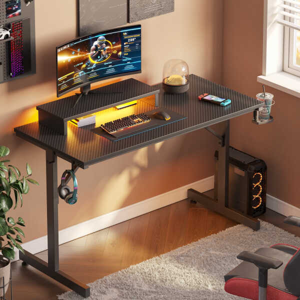 Bestier 42" Gaming Desk PC Computer Office Gamer Table Desk with LED Lights & Monitor Stand in Red