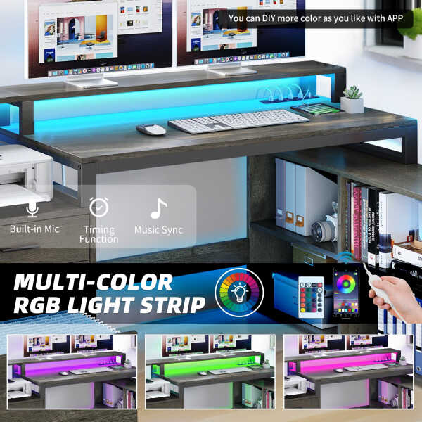 Dextrus 65" L Shaped Desk with Power Outlets and Monitor Stand , Computer Desk with LED Light &File Cabinet, Corner Desk with 3