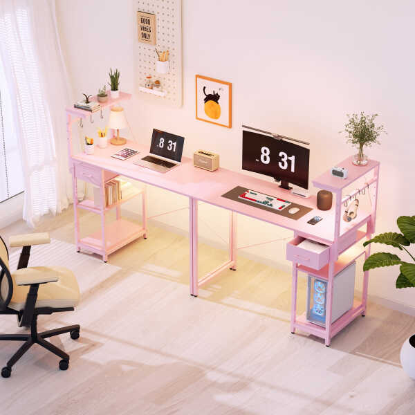 Eunon 44 inch Gaming Computer Desk with LED Lights, Reversible 4 Tier Storage Shelves & Drawer,Pink