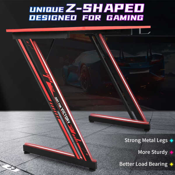 NiamVelo 47 inch Gaming Desk, Z-Shaped PC Computer Table Ergonomic Gamer Workstation with Headphone Hook for Home Office, Red