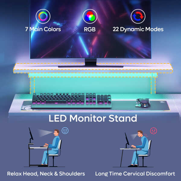 Pinmoco 42" Reversible L-Shaped Gaming Desk with Monitor Stand, LED Lights& Headset Hooks, Home Office, Carbon Fiber Black