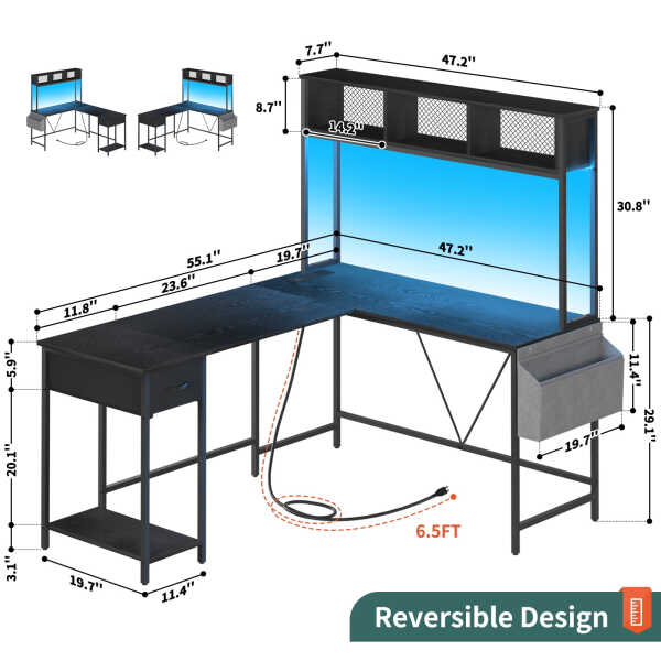 Yoobure 55 inch L Shaped Desk with Power Outlet and LED lights&65292Corner Gaming Desk with Storage Shelf&65292Computer Desk L
