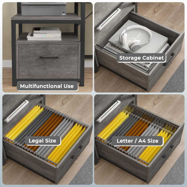 L Shaped Desk with Power Outlet and LED Lights, Corner Computer Desk with File Drawer for Home Office, Gaming Desk, Rustic Brown