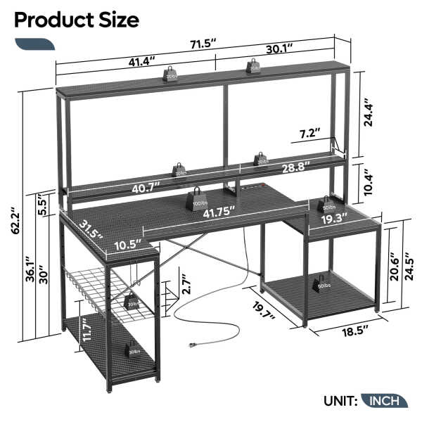 Bestier 71.5 inch Gaming Desk with LED Lights & Power Outlet, L Shaped Computer Desk with Hutch & Adjustable Shelves, Pink 3D