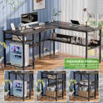 Homieasy Reversible L Shaped Desk with Magic Power Outlets and USB Charging Ports, Sturdy Corner Computer Desk with Storage