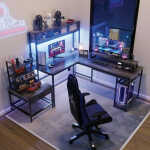 CHITOOMA 67 Inch Reversible L-Shaped Computer Desk Gaming Desk with Power Outlets,USB Ports,LED Strip,Storage Shelves & Monitor