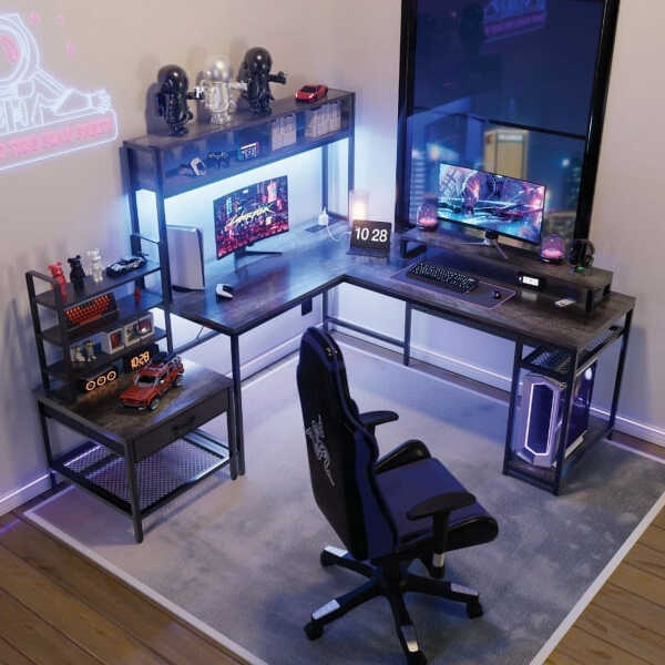CHITOOMA 67 Inch Reversible L-Shaped Computer Desk Gaming Desk with Power Outlets,USB Ports,LED Strip,Storage Shelves & Monitor