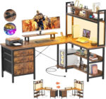 iSunirm L Shaped Gaming Desk with Storage, Computer Gaming Desk with LED Lights & Hutch, Reversible Computer Desk with Power