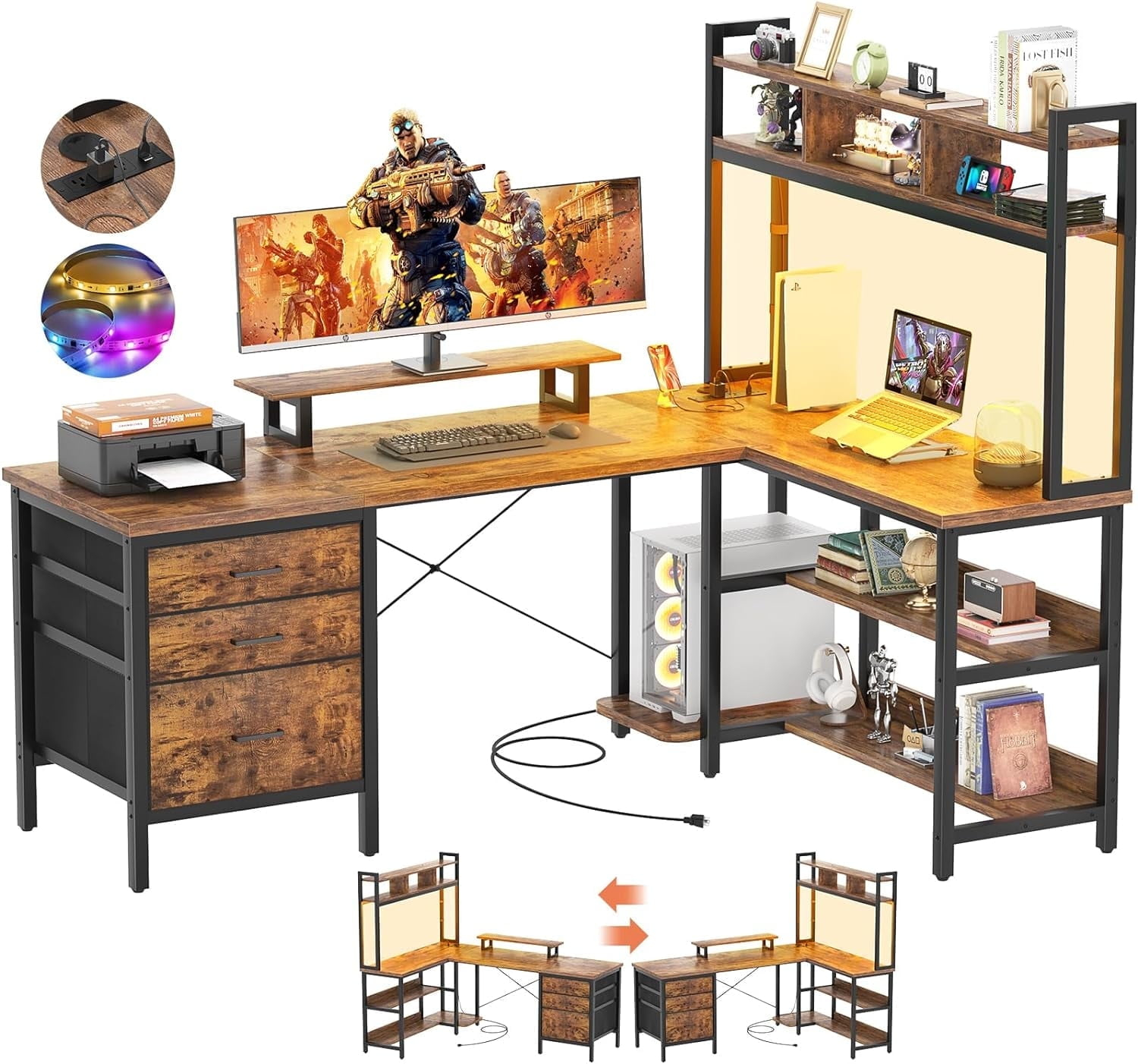 iSunirm L Shaped Gaming Desk with Storage, Computer Gaming Desk with LED Lights & Hutch, Reversible Computer Desk with Power